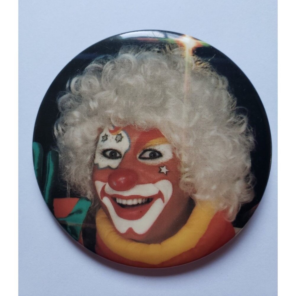 Clown White Curly Hair Smiling Creepy Pinback Button 1983 Vintage